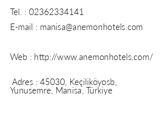 Anemon Manisa Otel iletiim bilgileri